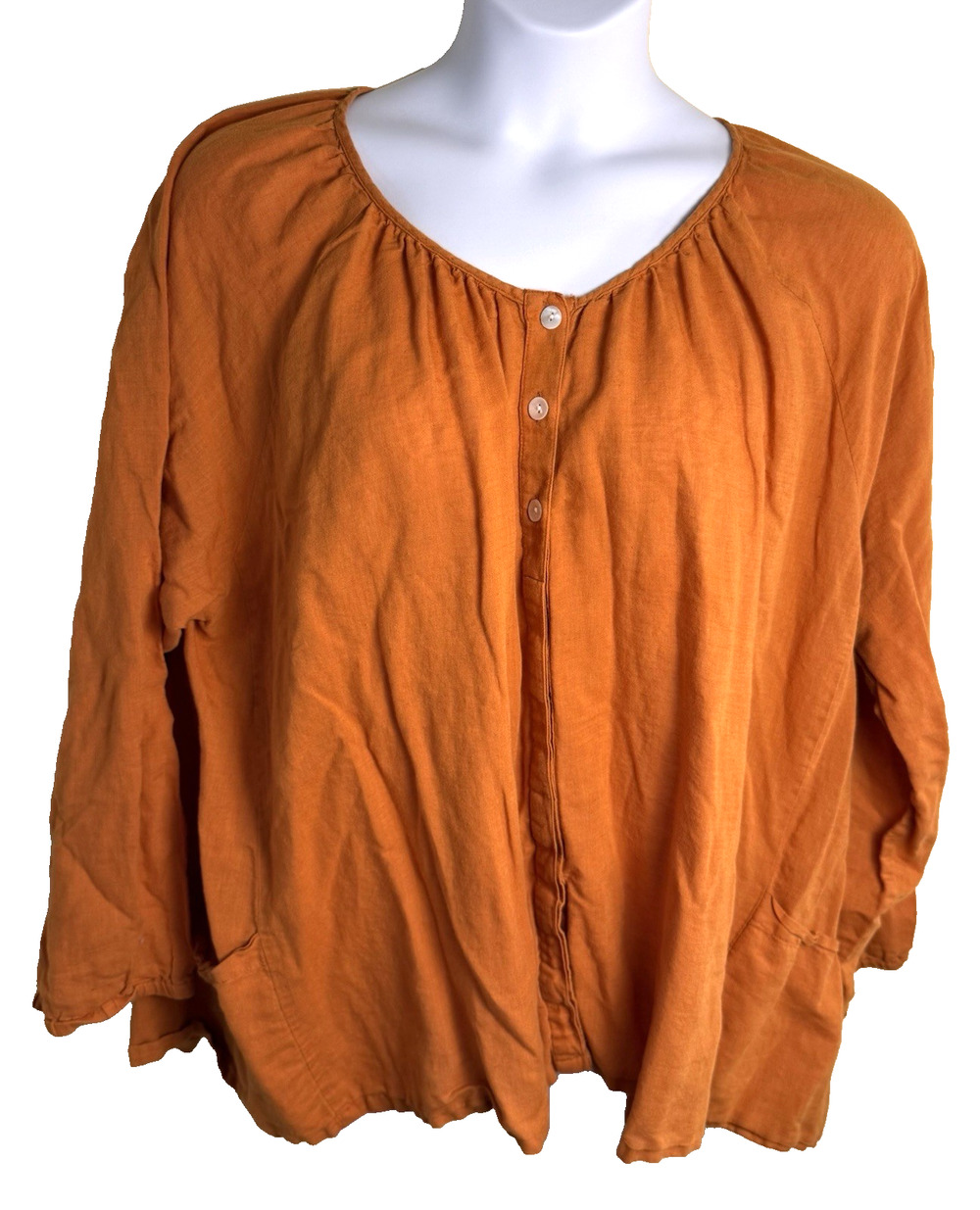 Gudrun Sjoden Orange Linen Cotton Lagenlook Blouse Top Pockets XXL Boho Boxy